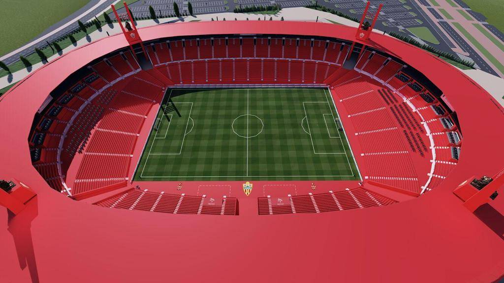 Vista aérea del Estadio UD Almería con gradas rojas