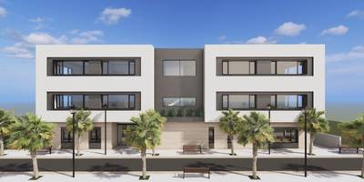 Render de la fachada de la Residencia de Mayores de Cantoria, blanca y de dos plantas, con palmeras delante