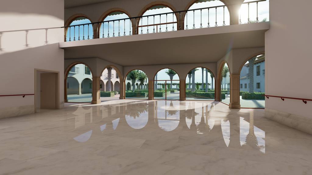 Render del vestíbulo porticado de un edificio público en Prado del Rey, con arcos y suelo de mármol