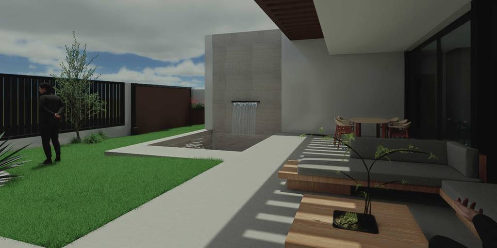 Render del jardín y el porche de las viviendas en L en Almanzora